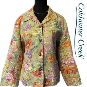 Coldwater Creek Vintage Floral Garden Bohemian Art Buttoned Cotton Blazer Jacket